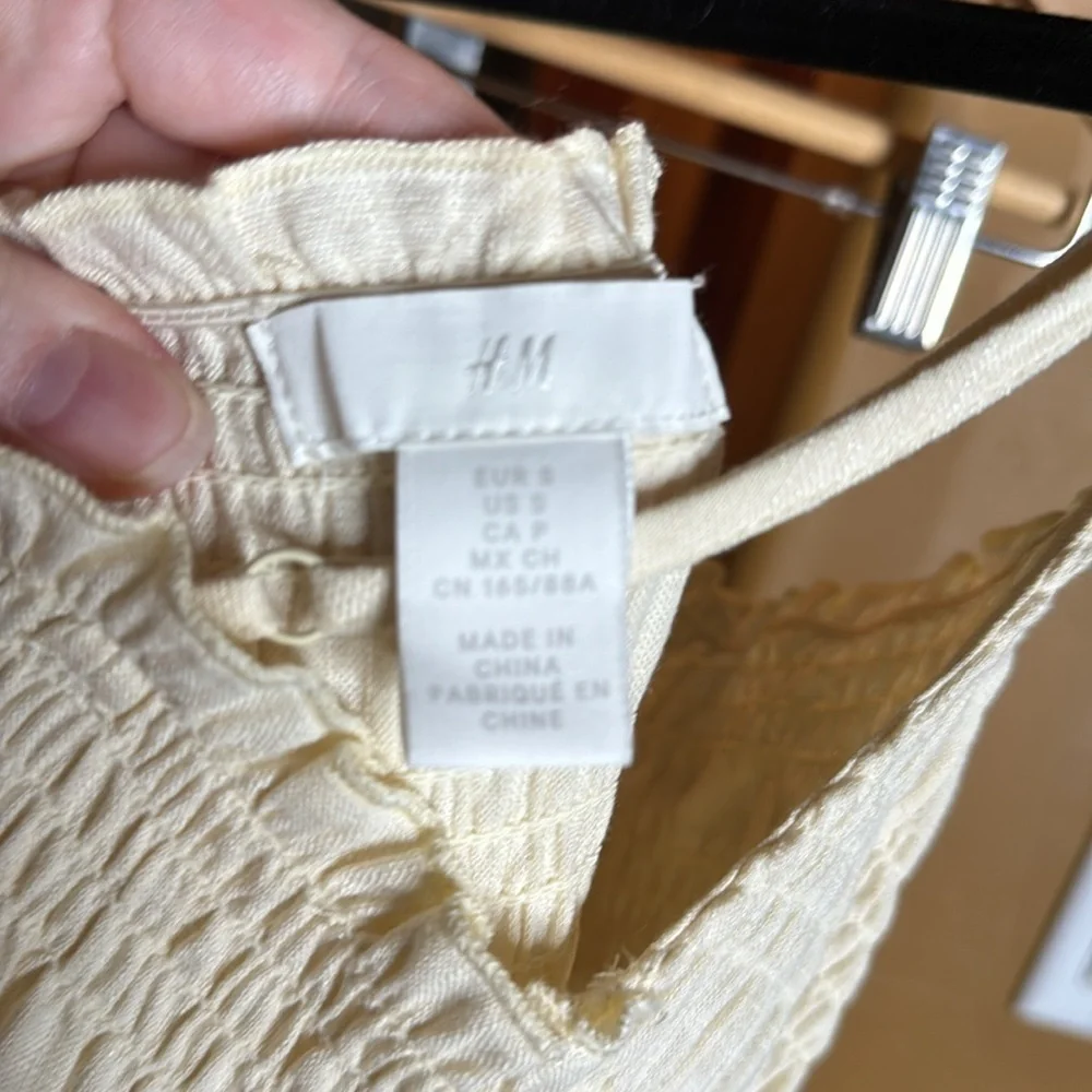 H&M Linen Blend Smocked Wide Leg Jumpsuit Cream Beige Strappy Size Small